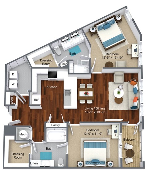Floor plan for 2 beds, 2 baths, 1138 sqft